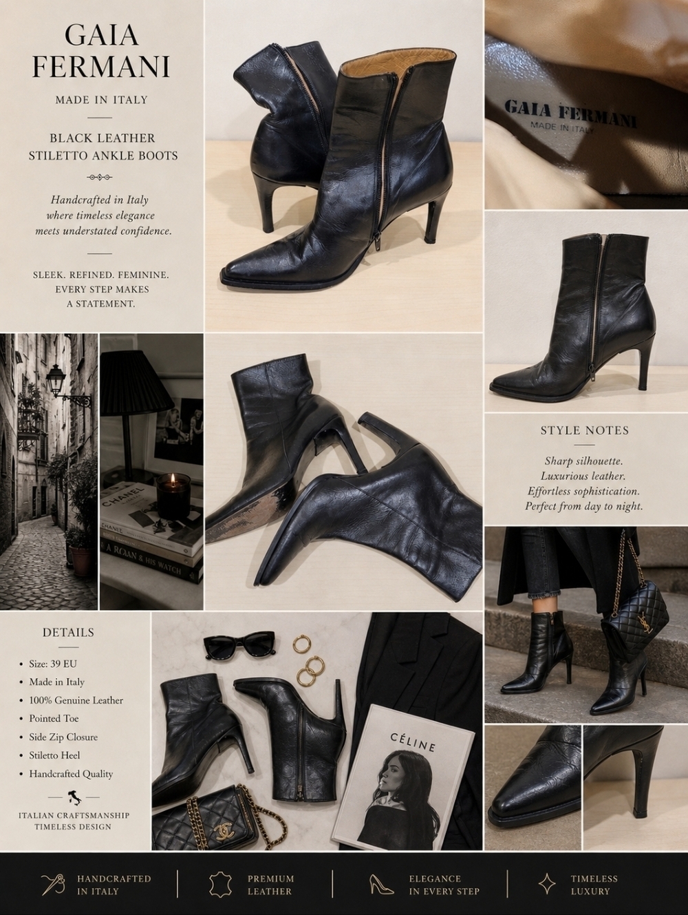 Sz 39 EU Gaia Fermani Black Leather Stiletto Ankle Boots Handcrafted in Italy